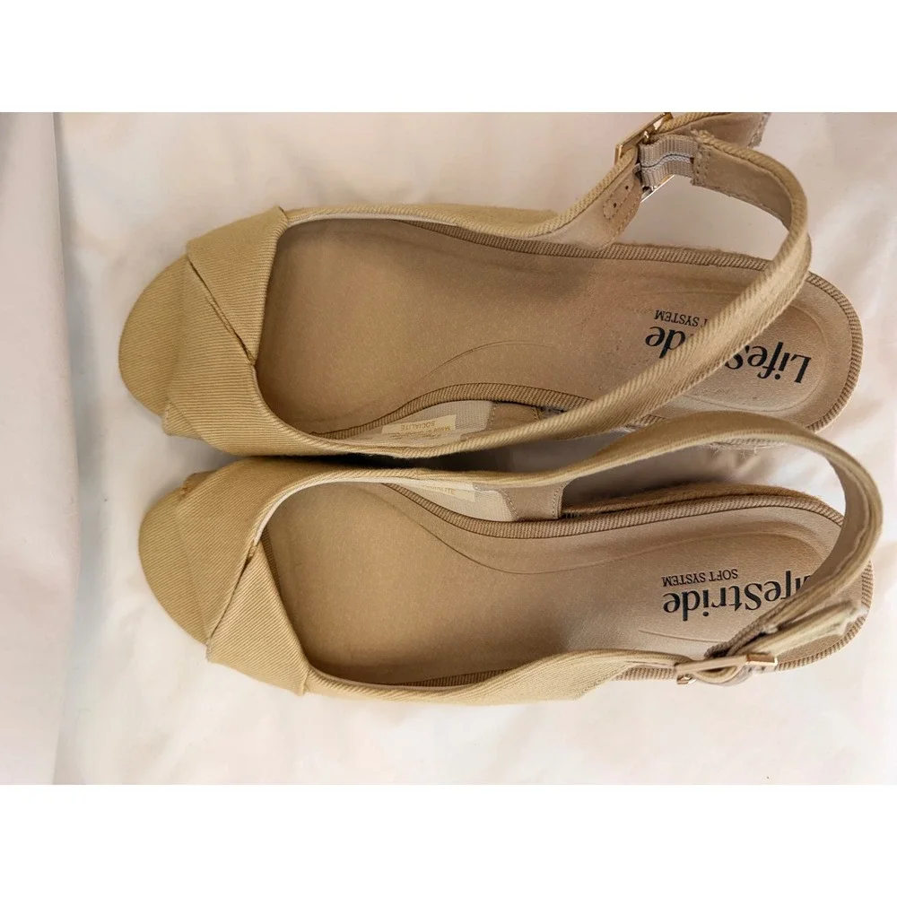 LifeStride Socialite Tan Fabric Espadrille Wedge Sandals Womens 9.5M Slingback